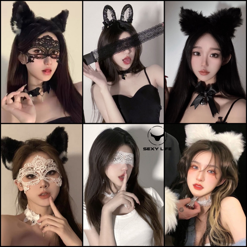 หน้ากากตาลูกไม้   หน้ากากปาร์ตี้ ✨ ที่คาดผมหูแมว 💕 ปลอกคอพร้อมกระดิ่ง  คอสเพลย์ 🚚ส่งไวจากไทย1-3วัน