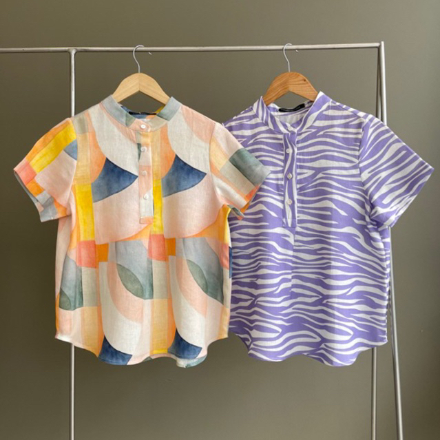 z4เสื้อคอจีนแขนสั้นผ้าลินินพิมพ์ลายสวยๆ