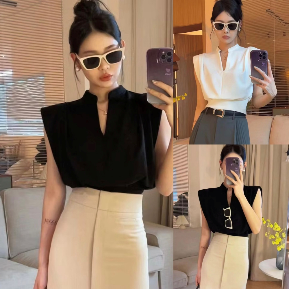 สินค้าพร้อมส่ง เสื้อผ้าฮานารี่ทรงครอปคอวีแขนล้ำ A5280