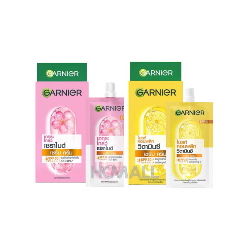 GARNIER การ์นิเย่ ไบรท์คอมพลีท วิตามินซี เซรั่ม ครีม 7 มล./ ซากุระโกลว์ เซราไมด์ เดย์ครีม [1 กล่อง  X 6ซอง]