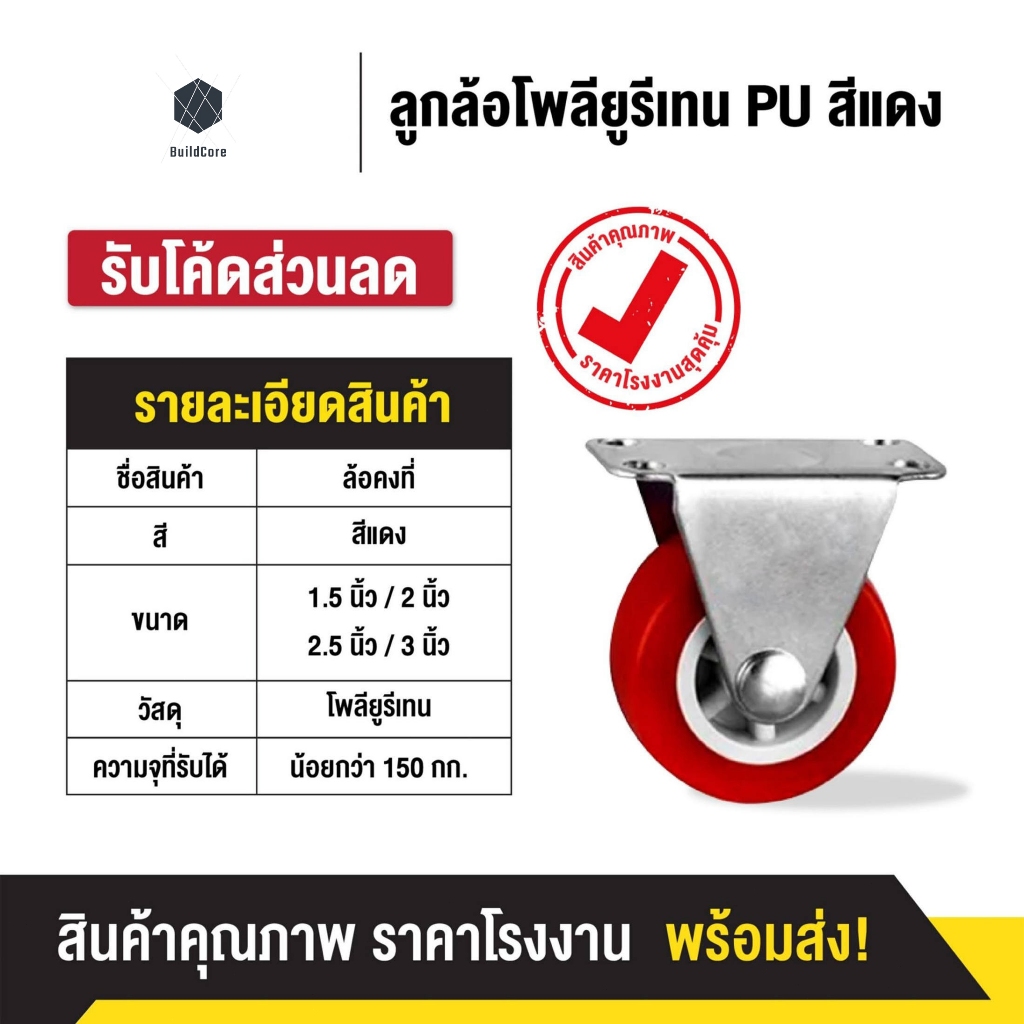 ลูกล้อ PU สีแดง 1.5นิ้ว 2นิ้ว 2.5นิ้ว 3นิ้ว โพรียูรีเทน ล้อรถเข็น (มี 5 แบบ) ลูกล้อรถเข็น ล้อตาย หมุนไม่ได้ ล็อกได้ ล้อร