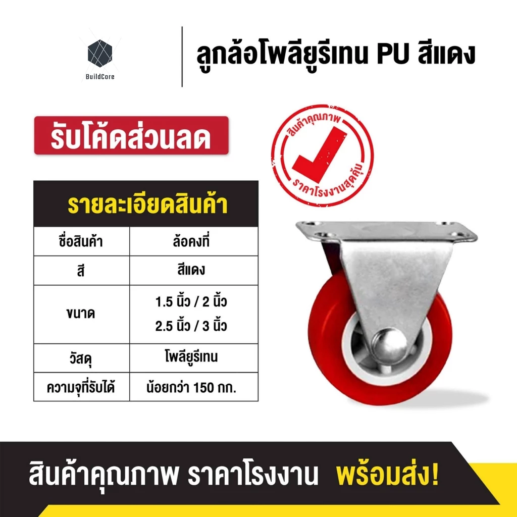 ลูกล้อ PU สีแดง 1.5นิ้ว 2นิ้ว 2.5นิ้ว 3นิ้ว โพรียูรีเทน ล้อรถเข็น (มี 5 แบบ) ลูกล้อรถเข็น ล้อตาย หมุนไม่ได้ ล็อกได้ ล้อร