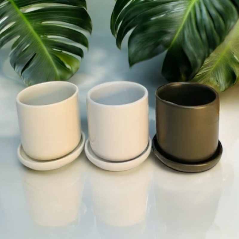 กระถางเซรามิคทรงกระบอก 4 นิ้ว สูง 4 นิ้ว พร้อมจานรอง