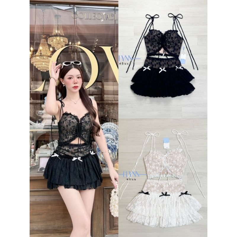 FLYNN เซ็ตผ้าลูกไม้ดีย์เวอร์ เป็นตัวเสื้อแต่งซีทรูลูกไม้ ตัวกระโปรงลูกไม้ระบายชั้นๆ