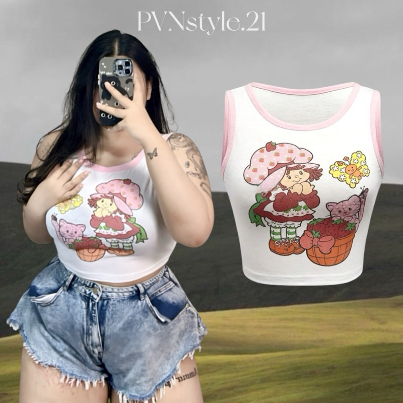 เสื้อกล้ามครอปสาวอวบน้อง Strawberry shortcake อก 34-44