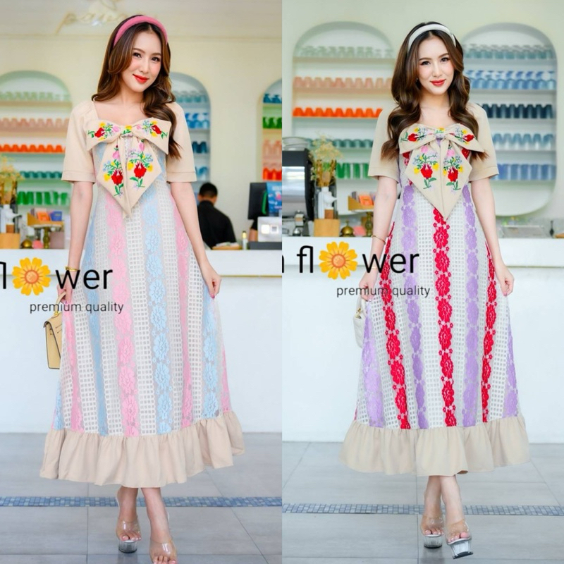(s-3xl) เดรสยาว เดรสลูกไม้ แต่งโบว์หน้า งานปัก งานป้าย sun flower