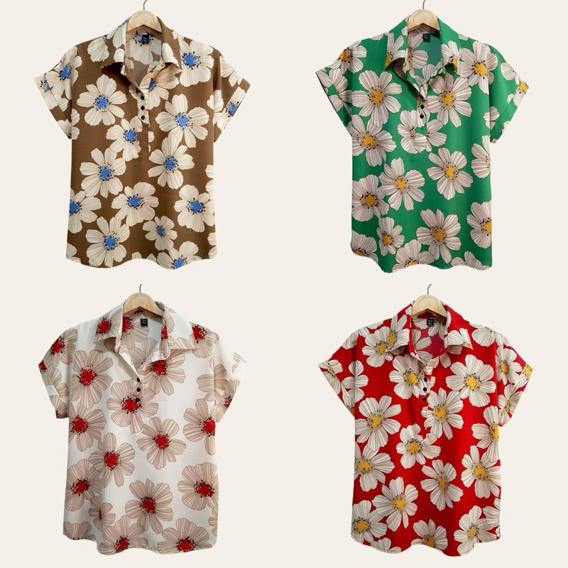 (อก 44”) เสื้อคอปก เเขนสั้น ลายดอกใหญ่ ผ้าไหมอิตาลี ไม่ต้องรีด