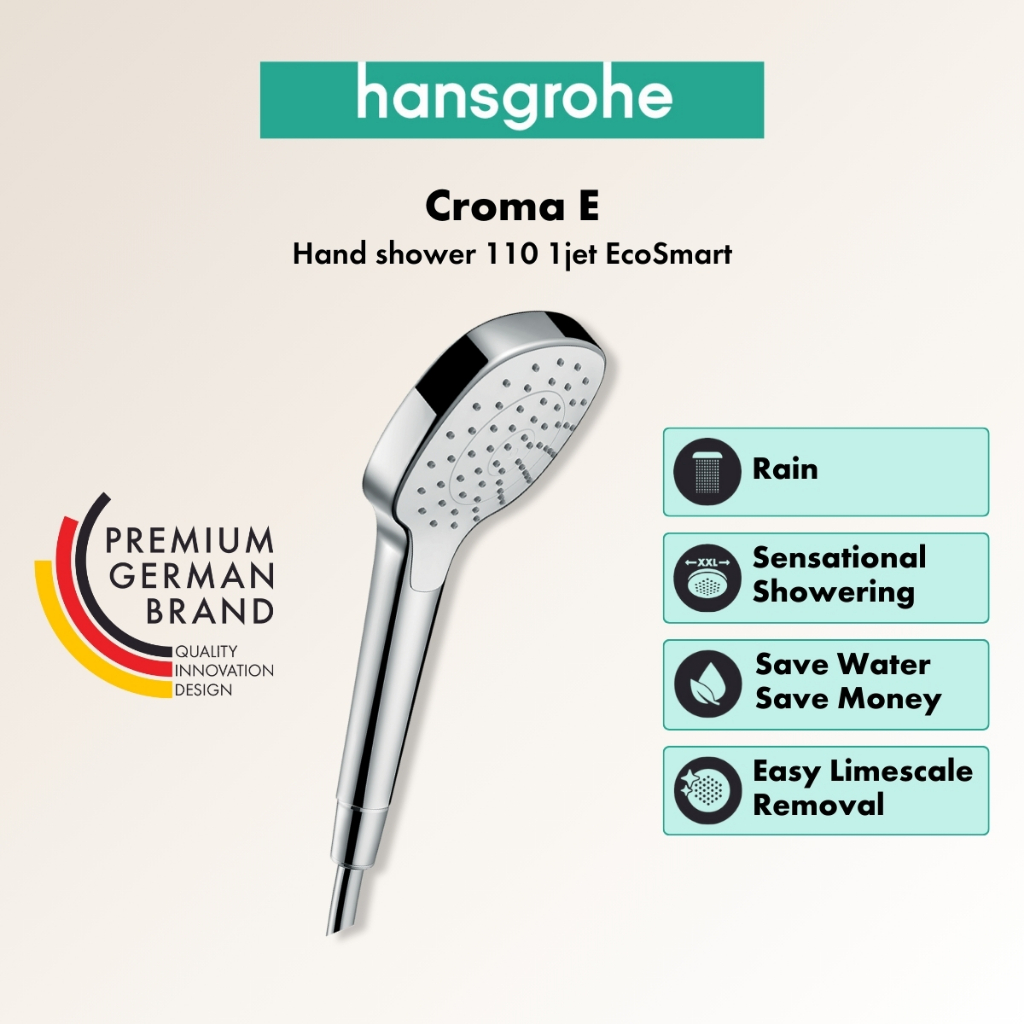 Hansgrohe Croma E ฝักบัวมือ 110 มม. 1 โหมดน้ำ พร้อมฟังก์ชันประหยัดน้ำ EcoSmart 9 ลิตร/นาที รุ่น HG26815400