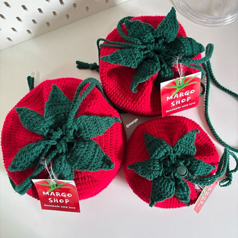 Tomato Pouch Bag 🍅🥫 กระเป๋ามะเขือเทศหูรูดไหมพรม ,กระเป๋ามะเขือเทศ,กระเป๋าไหมพรม,กระเป๋าสะพายข้าง,cross body 🧶