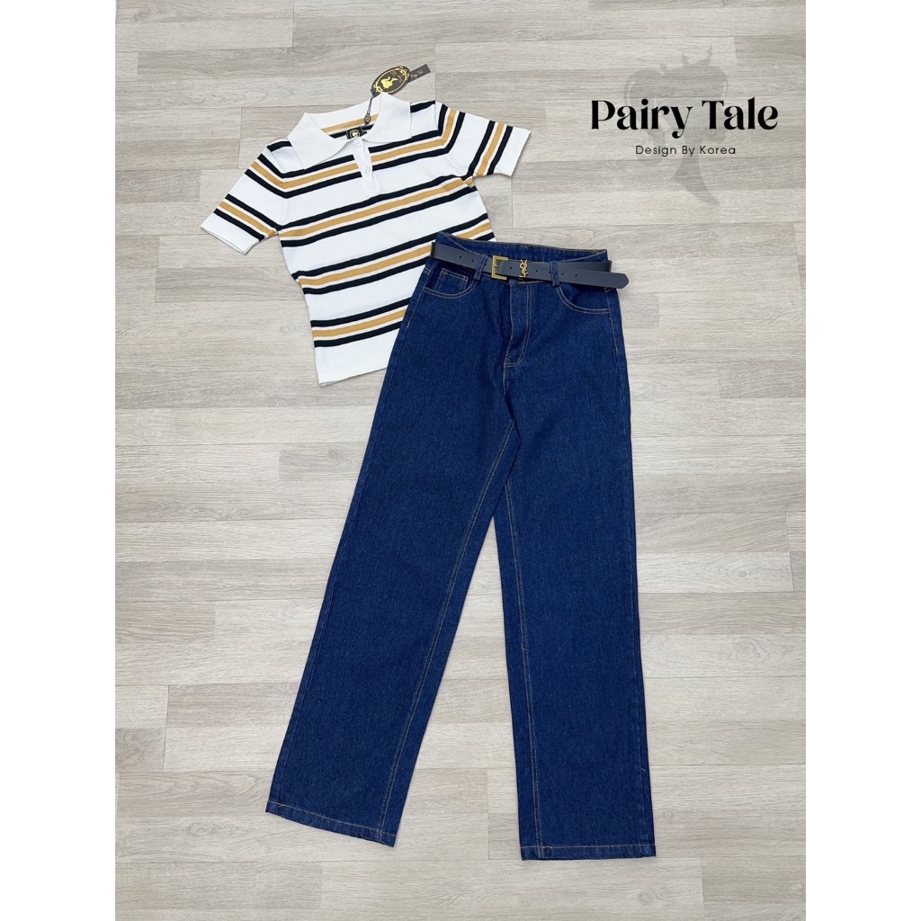 "เช็คสต็อคสินค้าก่อนสั่งซื้อค่ะ" Pairy Tale Set3ชิ้น เสื้อคอปกpoloลายขวางโทนครีมน้ำตาลอมเหลือง แมตกางเกงยีน