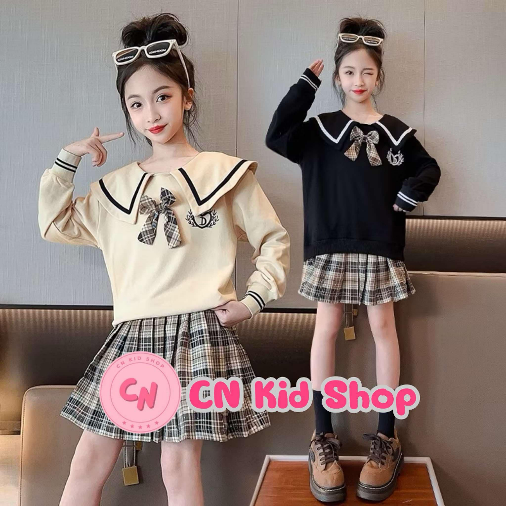 (พร้อมส่งในไทย) ชุดเซตเสื้อกันหนาว 2 ชิ้น เสื้อคอตุ๊กตา กระโปรงลายสก็อตสำหรับเด็กผู้หญิง