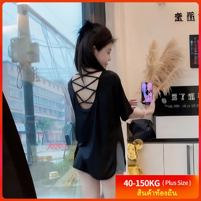 [พลัสไซส์] (50-150 กก.) Plus Size Lady เสื้อแขนสั้นผู้หญิงโอเวอร์ไซส์แยกเซ็กซี่เสื้อยืดเปลือยสไตล์แฟชั่นธรรมดาฮาเสื้อยืด