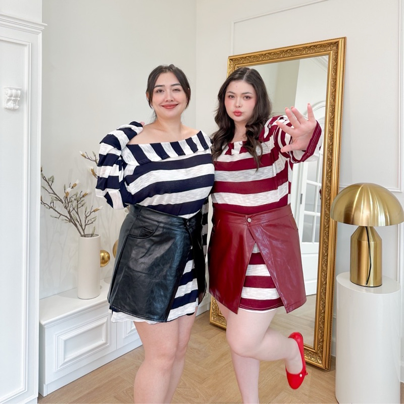 (TGEVQVL ลด 60.-) Lady M | Striped and leather set plussize ชุดเซ็ตลายทางและกระโปรงหนัง สาวอวบใส่เที่ยวชิคๆ ชิลๆ