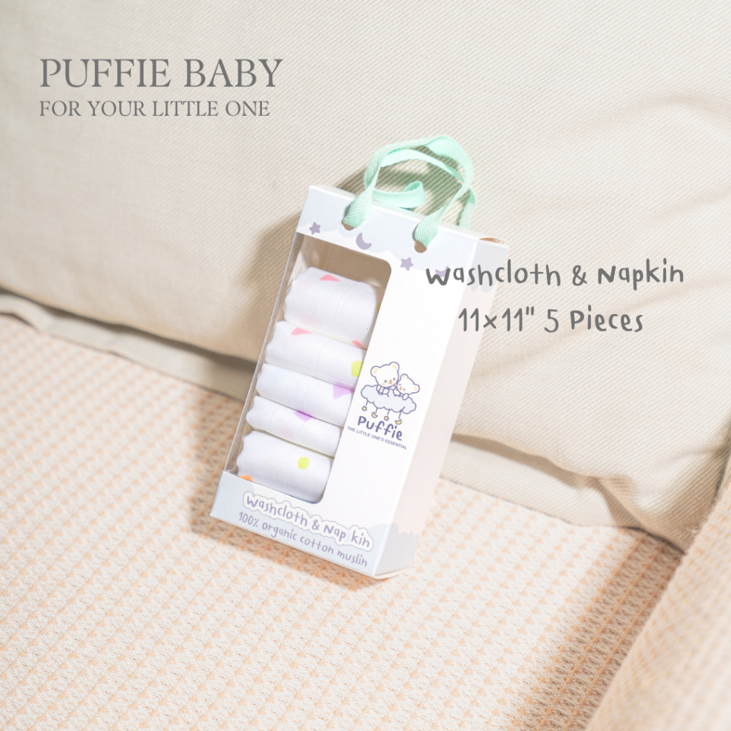 Puffie baby  ผ้าเช็ดหน้า ผ้าเช็ดปากสำหรับเด็ก Napkin&Washcloth ขนาด 11×11" บรรจุ 5 ผืน