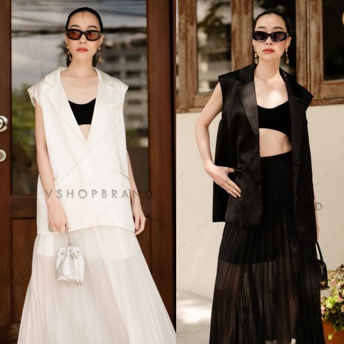พร้อมส่ง Set เสื้อสูทแขนกุดผ้าวาเลน + กระโปรงยาวซีทรูอัดพลีท งานป้าย vshopbrand