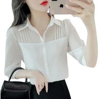 เสื้อเชิ้ตแขนสามส่วน ผ้าชีฟองซาติน 【NO.M006】สีขาวกับสีดำ แฟชั่นฤดูใบไม้ผลิ และฤดูร้อน สไตล์ตะวันตก สําหรับผู้หญิง