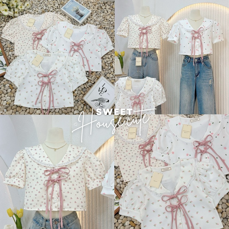 SweetHouse #409 เสื้อครอปแขนตุ๊กตาคอบัว กระดุมดอกไม้แต่งด้วยโบว์ 2 ชั้น หวานน่ารักมากกก