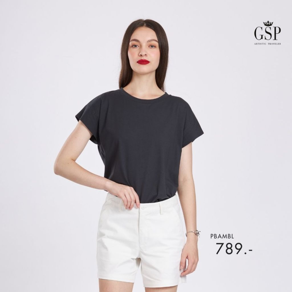GSP เสื้อยืด Color Crop Tee คอกลม แขนล้ำ สีเทาดำ PBAMBL