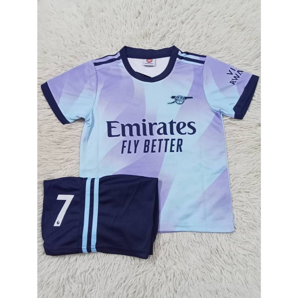 เสื้อกีฬาฟุตบอลเด็กอาร์เซนอล ชุดเยือนเบอร์7ชื่อซาก้า ปี2024ใหม่ล่าสุด เสื้อพร้อมกางเกง ป้ายงานปัก