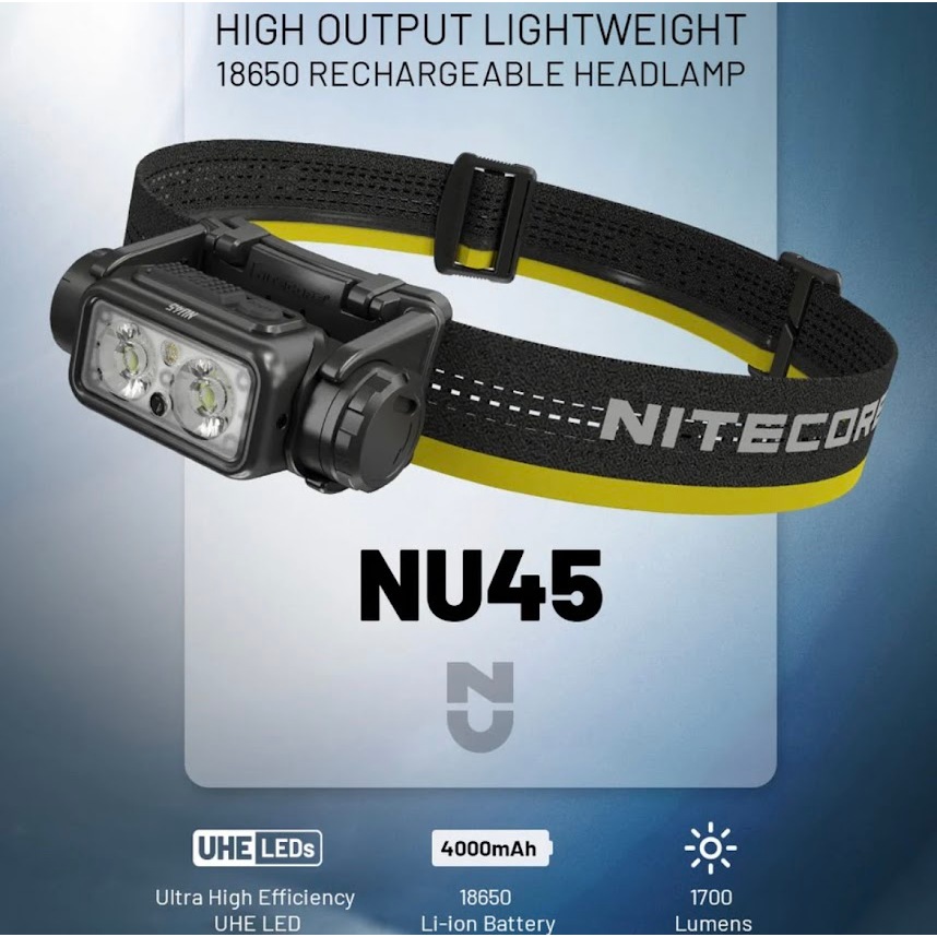 NITECORE ไฟหน้า NU45 น้ำหนักเบา1700ลูเมน8ชิ้น nitelab UHE ไฟหน้า USB-C แบบชาร์จไฟได้ไฟสีขาว + สีแดง bulit-in แบตเตอรี่