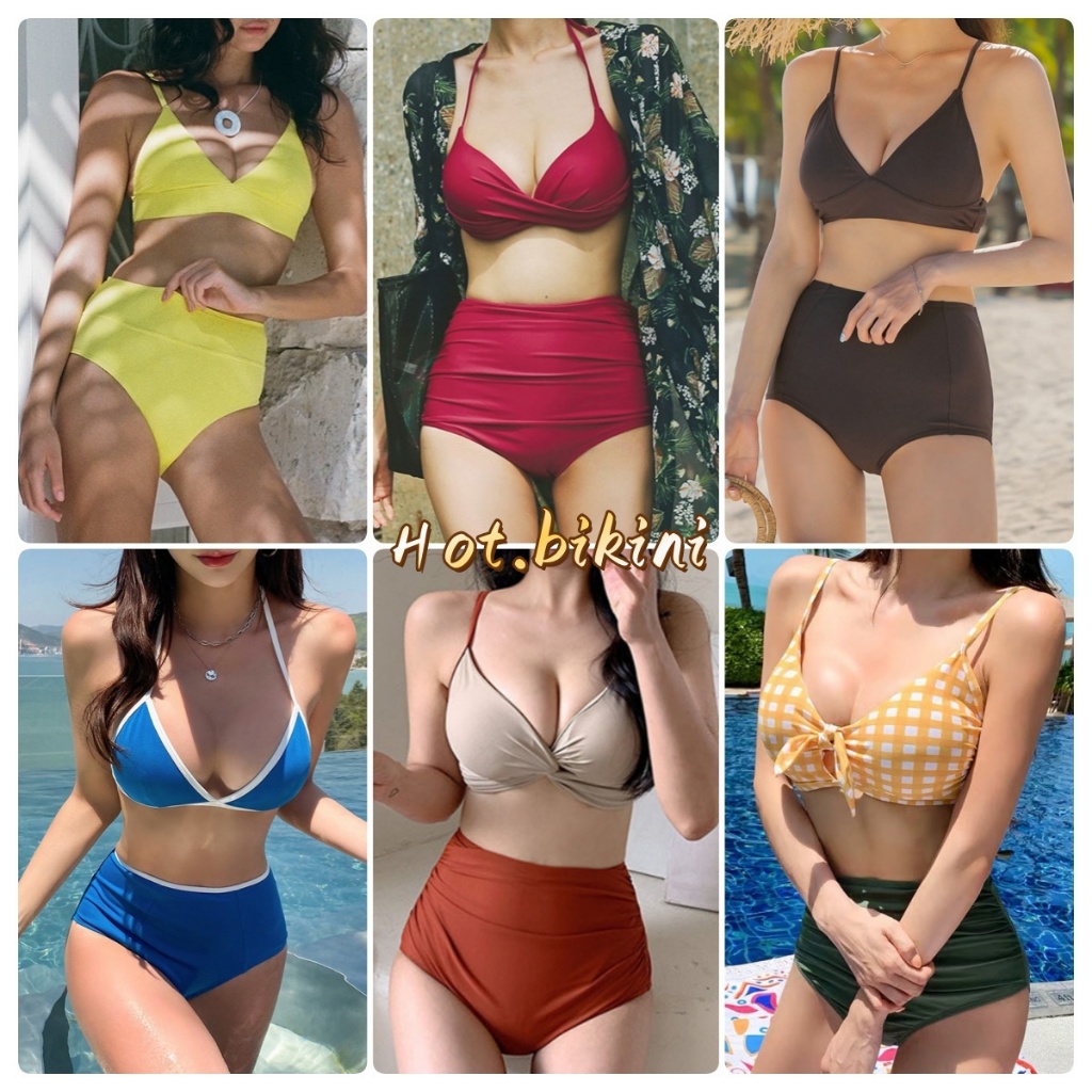 Hot.bikini💗ส่งไวจากไทย💗ชุดว่ายน้ําบิกินี่ ชุดว่ายน้ําบิกินี่ ทูพีช กางเกงขาสั้น เอวสูง ผูกคอ สายรัดปรับระดับได้