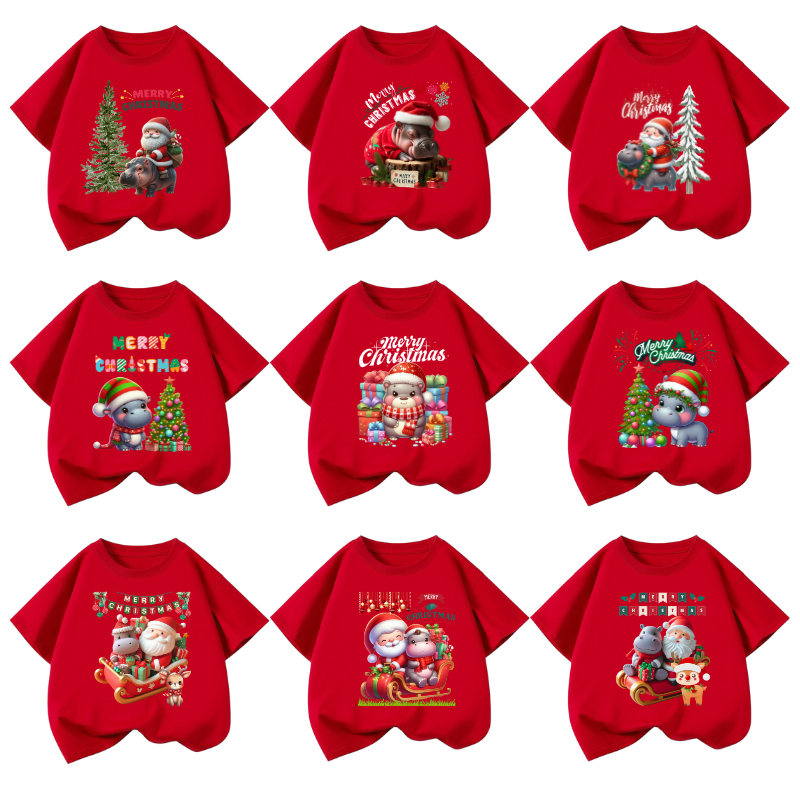 เสื้อยืดเด็กพิมพ์ลายน้องหมูเด้ง ฮิปโปแคระ วันคริสต์มาส Christmas Day เนื้อผ้าฝ้าย "เสื้อสีแดง A1