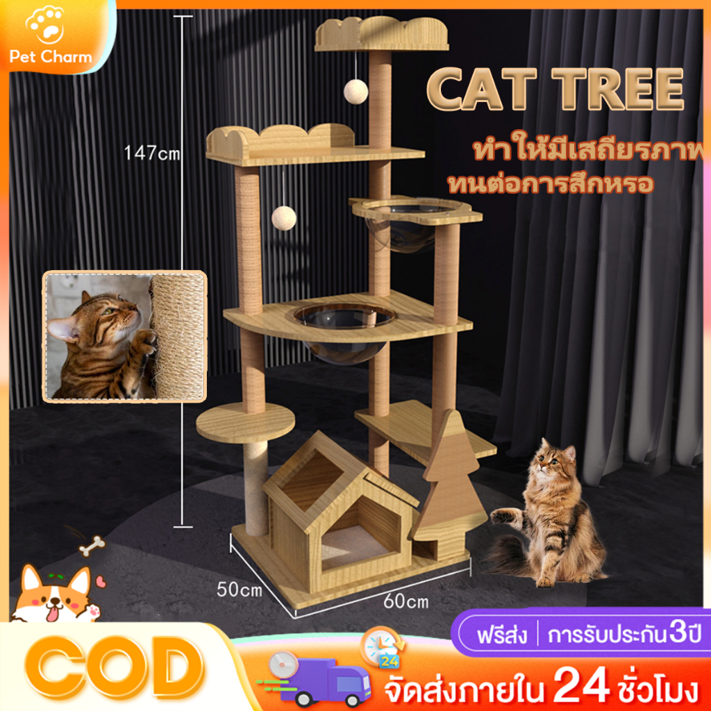โครงปีนแมว คอนโดแมว คอนโดแมวไม้ เสาลับเล็บ ของเล่นแมว ขนาดใหญ่ มินิมอล พร้อมโดมนอนแบบใส