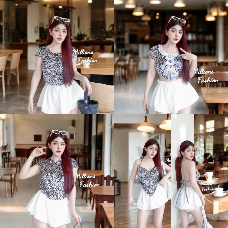 💰Pangpang💰 เสื้อครอป ผ้ากำมะหยี่ ลายเสือเทา รอบอก32-36” 🚚มีส่งด่วน