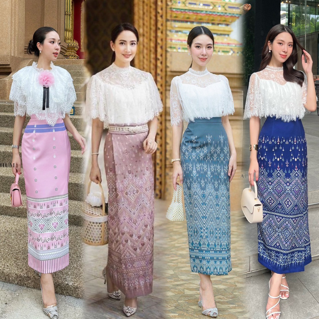 S-XL ชุดไทยประยุกต์ใส่ทำบุญ ไปวัด ไปงาน เสื้อลูกไม้สีขาวระบาย+ผ้าถุงโทนสีกรม,เขียว,ชมพู #Abigail