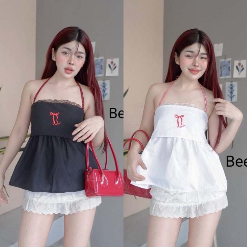 OVP มี5สี เสื้อเกาะอก คล้องคอผูกโบว์ เนื้อผ้าครัช แต่งลายปักโบว์ หลังสม็อคยาง เสื้อโบว์