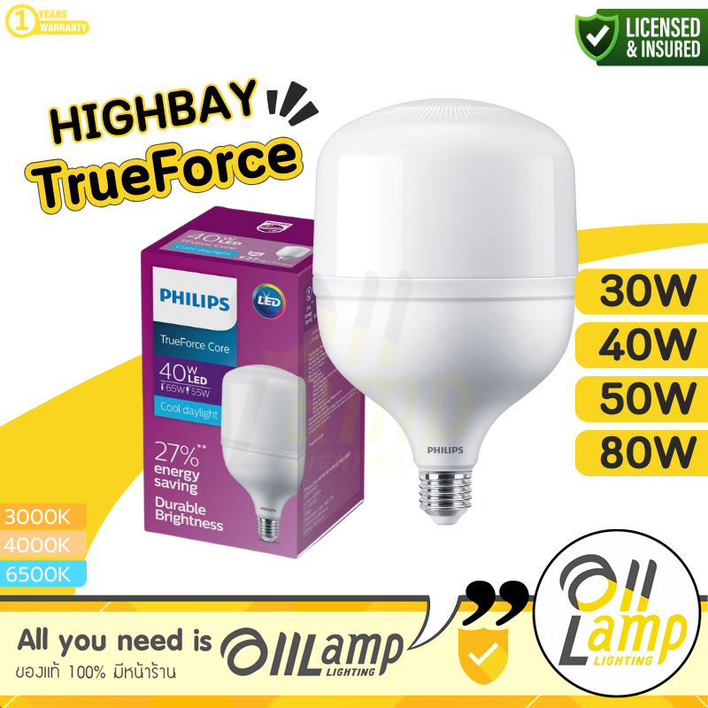 Philips TrueForce Core หลอดไฟ LED 30w 40w 50w E27 / 50w 80w E40 ทรูฟอร์ซ ไฮเบย T-Bulb