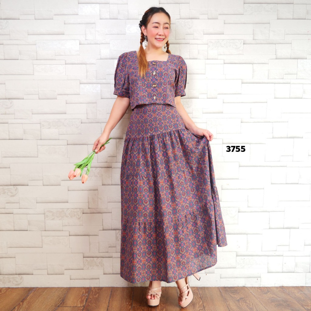 3755 ชุดเซทคู่กระโปรง เสื้อครอป งานผ้าฝ้ายพิมพ์ลาย ชุดใส่ทำงานผ้าไทย (ไม่มีซับ)เป็นผ้าฝ้าย clothing
