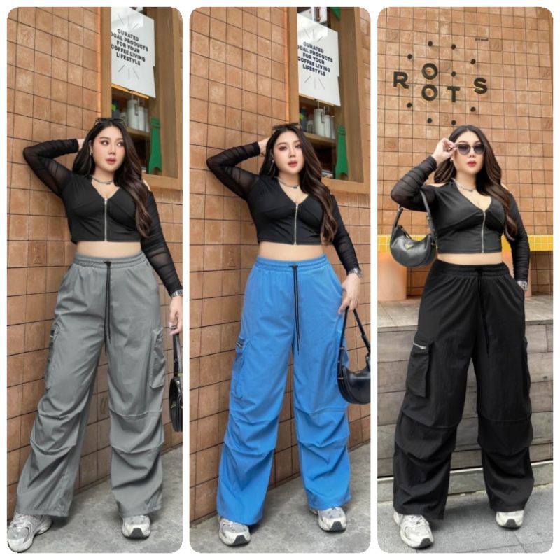 (LC) กางเกงคาร์โก้สาวอวบใหญ่ ผ้าร่ม ดีเทลซิปข้าง สม็อครอบเอว
