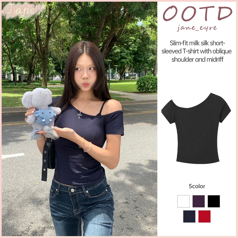 เสื้อยืดแขนสั้นปิดไหล่ผู้หญิงเข้ารูปเข้ารูปอเนกประสงค์อินเสื้อยืดสั้นอินเทรนด์ JN