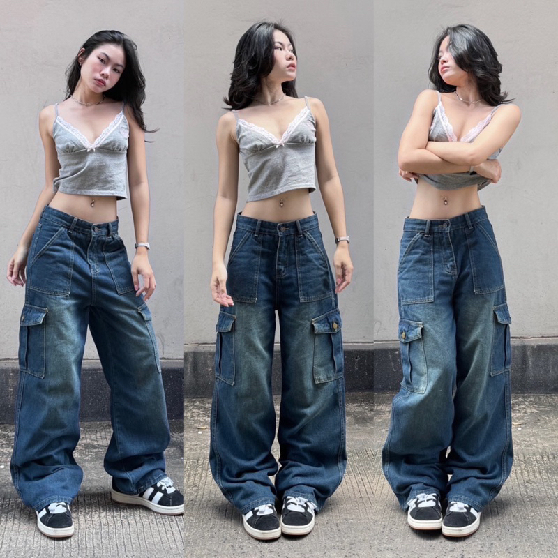 CARGO JEANS กางเกงยีนส์คาร์โก้ฟอกเฟด ช- ญ ใส่ได้