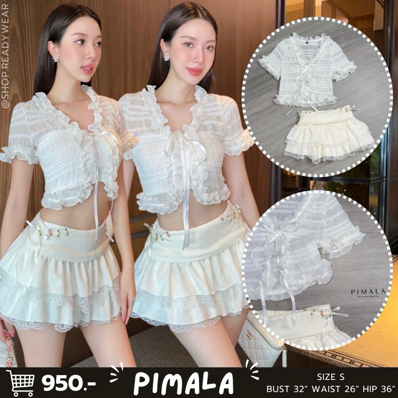พร้อมส่ง S • PIMALA เซ็ทงานลูกคุณ เสื้อแขนสั้นเนท้อผ้าน่ารักผูกหน้าผ้าลอนๆ คู่กระโปรงระบายแต่งลูกไม้เย็บโบว์ดอกไม้