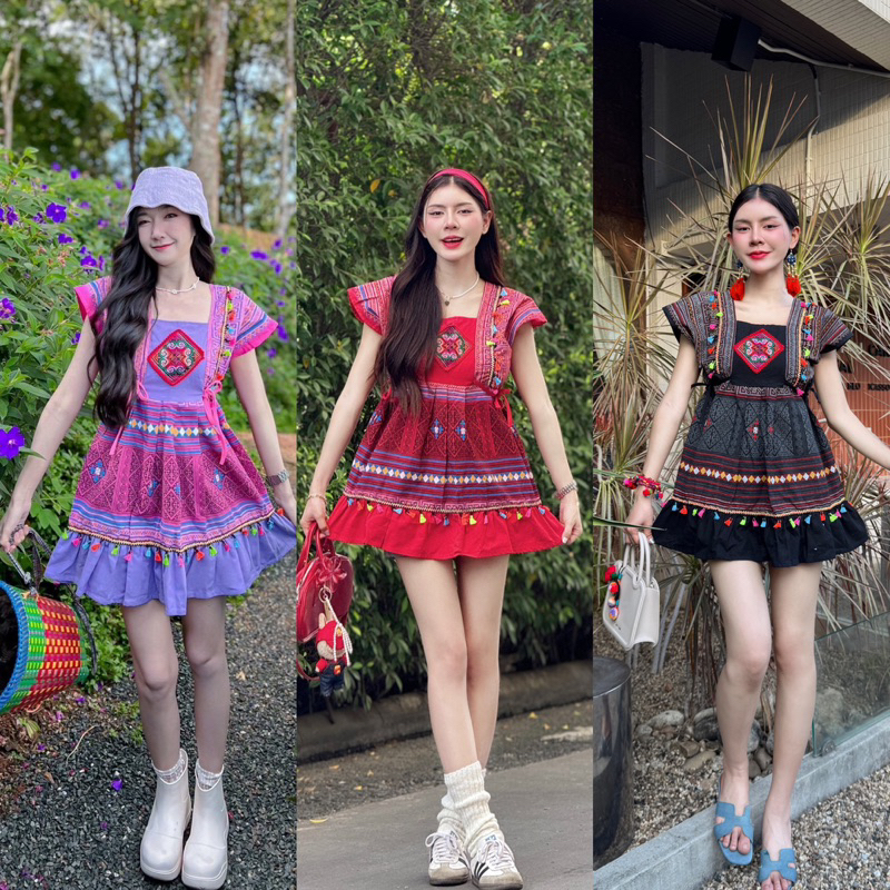 เดรสสั้นลายเจ้านาง เนื้อผ้าฝ้ายสวมใส่สบาย ♡ มีเก็บเงินปลายทาง/พร้อมส่ง