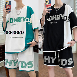 beerbroth-เสื้อเซ็ตผู้ชาย ชุดเซท ชุดกีฬาลำลองนักเรียน สไตค์ เกาหลี เสื้อยืดผู้ชาย+กางเกงขาสั้น ทรงหลวม ชุดกีฬาผู้ชาย