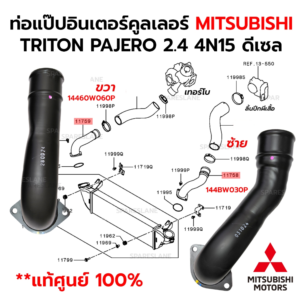 ท่อแป๊ปอินเตอร์ MISTUBISHI TRITON PAJERO 2.4 4N15 ดีเซล *กดเลือก ซ้าย/ขวา *แท้ศูนย์ 100% ขวา.14460W060P ซ้าย.144B6W030P