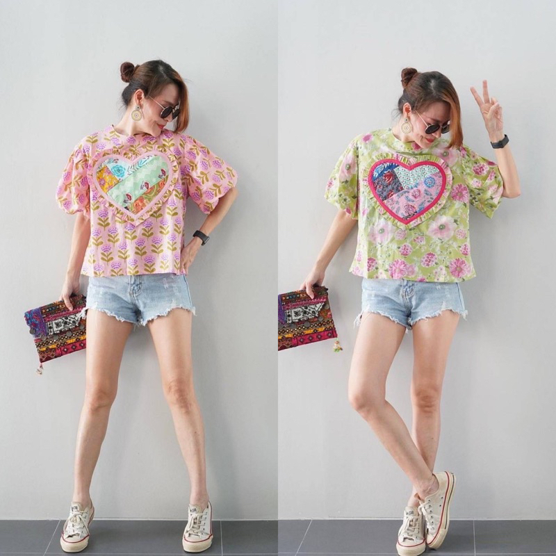 เสื้อคอตตอนอินเดียคอกลมแขนบอลลูน แต่งอกผ้าต่อ​คละลายรูปหัวใจ ป้าย Perfect Style