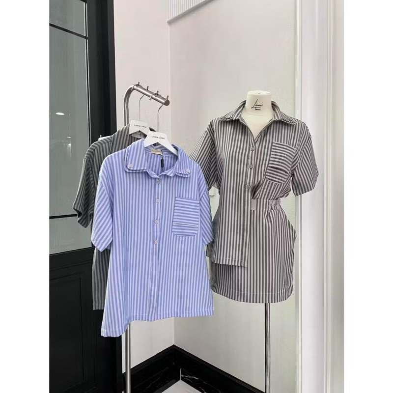 ส่งต่อ lamer.lamai striped set LS14 ชุดเซ็ต เสื้อ กระโปรง ลายทาง สีเบจ XL