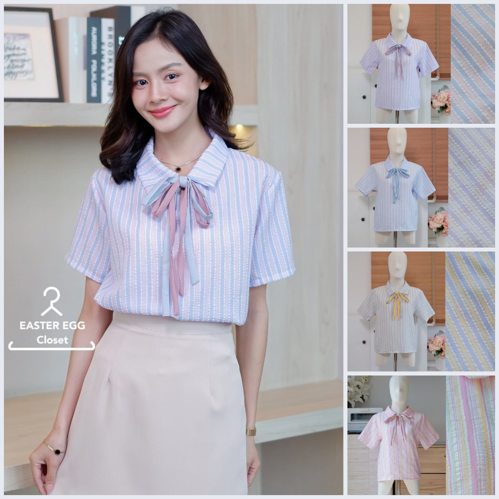 E14 เสื้อทํางานผู้หญิง แขนสั้น คอปก สไตล์มินิมอล ทรงน่ารักมาก ผ้าสวย มี Texture Easter Egg