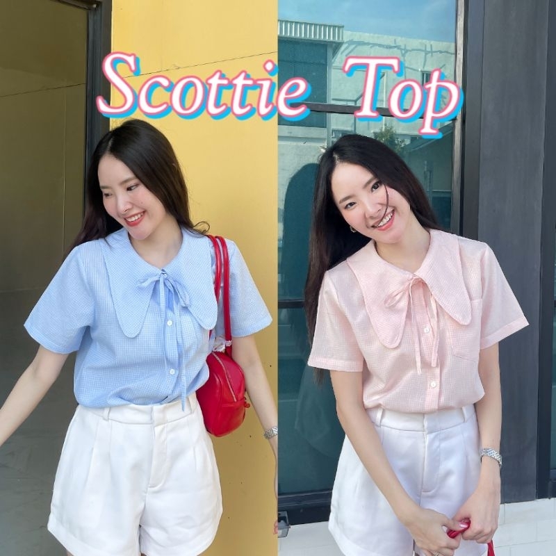 Jenny Scottie เสื้อเชิ้ต ผูกโบว์ คอบัว ลายสก็อต