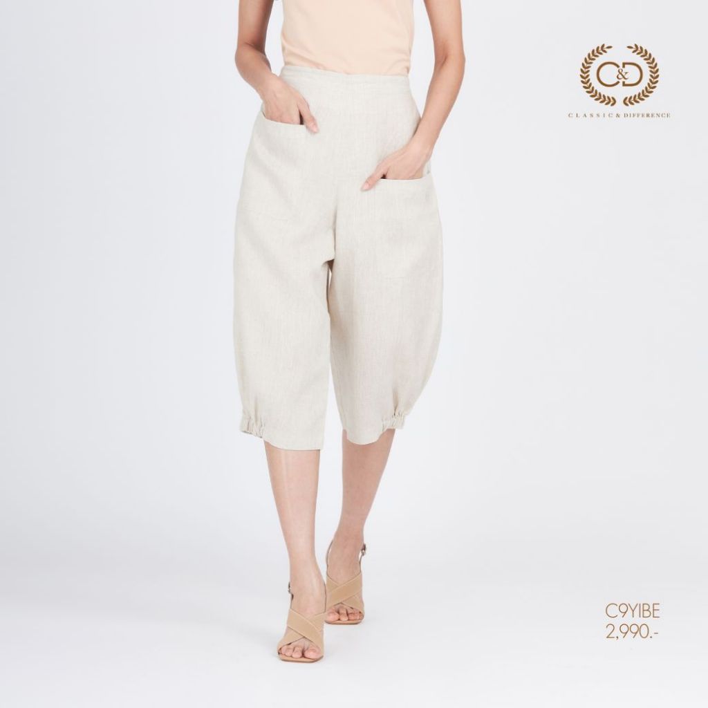 C&D กางเกงผู้หญิง Linen Premium Big jinny pants ขาห้าส่วน สีเบจ C9YIBE