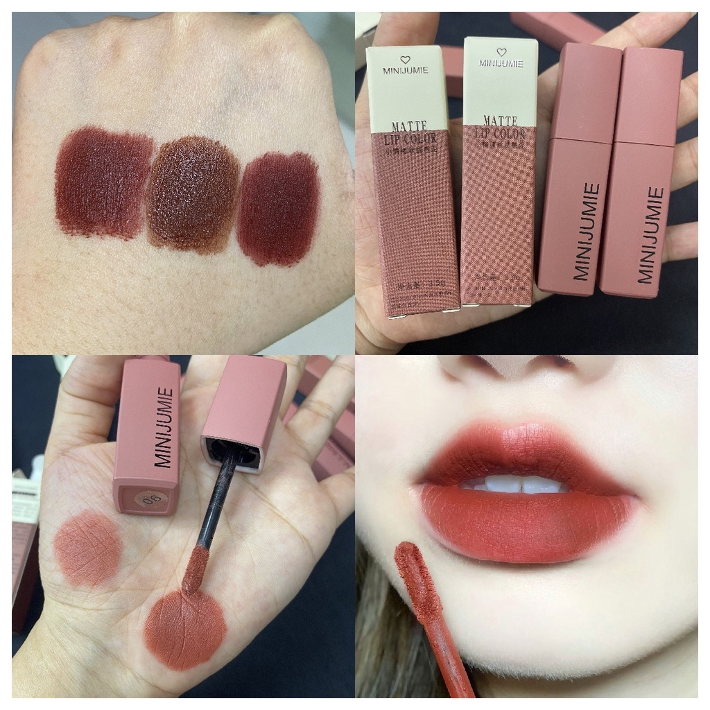 ลิปสติก ลิปกลอส เนื้อแมตต์กํามะหยี่ สีแดง เซ็กซี่ กันน้ํา ติดทนนาน ไม่ติดถ้วย MINIJUMIEของแท้ 100 %
