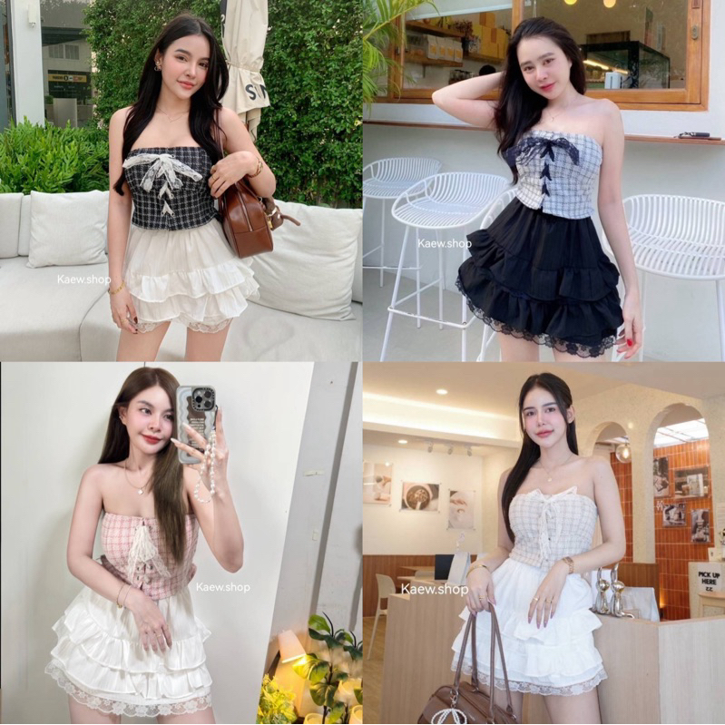 ♡คอลใหม่ เซท2 ชิ้นเกาะอก เชือกใช้งานได้จริง งานผ้าทวิส กระโปรงซับกางเกงแต่งระบายลูกไม้ สวยแพงมาก น่ารัก น่ารัก