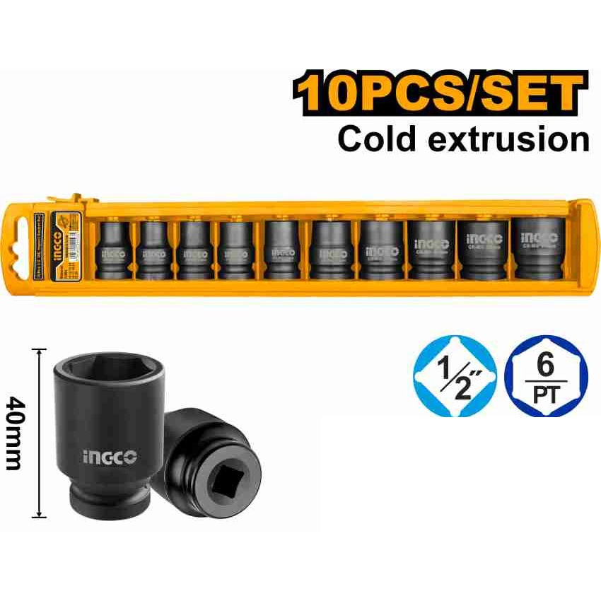 INGCO ชุดลูกบล๊อก ลม 1/2 นิ้ว 10 ตัว รุ่น HKISSD12101 ( 10 Pcs Impact Socket Set )
