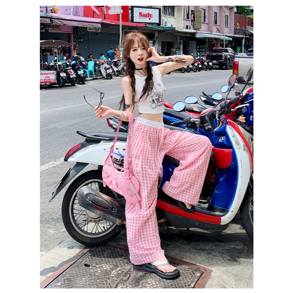💓กางเกงลายสก๊อตผู้หญิง💓 กางเกงขากว้าง กางเกงเอวสูง กางเกงลำลอง กางเกงหลวม - รูปที่ 2
