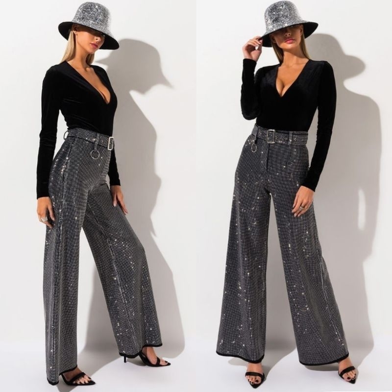 กางเกงติดเพชรเลื่อมวิบวับทรงขาบานเอวสูงพร้อมเข็มขัด (สินค้าในไทย )