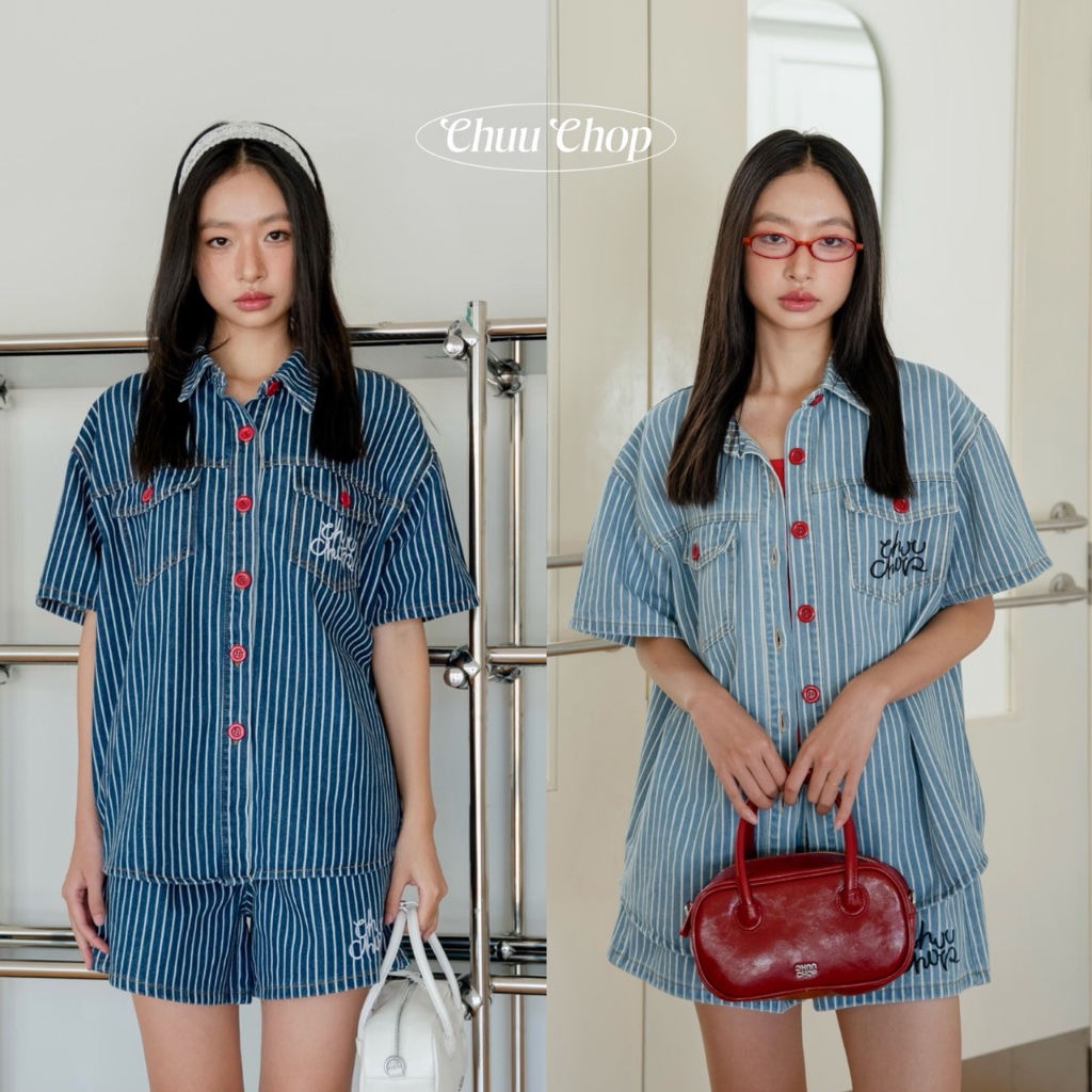 (หมด)chuuchop(C8356)Red Velvet Denim Set Ver.2 ชุดเซ็ตยีนส์ ลายทาง